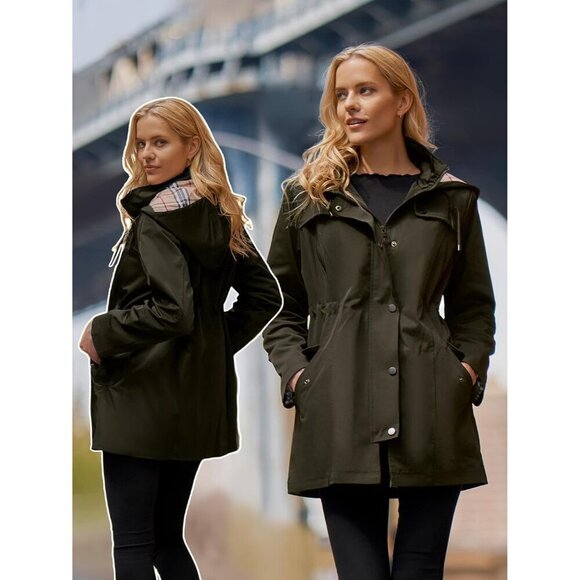 🆕Women's Army Green Waterproof Long Raincoat Windbreaker Jacket with Hood - Picture 4 of 7